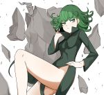  1girl bare_legs blush breasts closed_eyes commentary_request curly_hair dress floating floating_rock green_dress green_eyes green_hair hand_on_hip holding holding_phone long_sleeves looking_up medium_breasts no_panties one-punch_man phone rock sente short_hair solo tatsumaki 