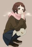  1girl bandaid bandaid_on_knee blush brown_eyes brown_hair freckles highres keiji_(thefrontofarmament) lisbeth loafers looking_at_viewer nose_blush pink_scarf scarf shoes short_hair skirt solo squatting sword_art_online 