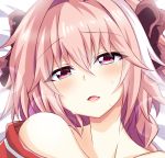  1boy aph_hero bare_shoulders black_ribbon blush breath eyebrows_visible_through_hair fate/apocrypha fate/grand_order fate_(series) hair_ribbon highres male_focus open_mouth pink_eyes pink_hair ribbon rider_of_black solo tears trap upper_body 