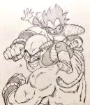  2boys armor bald black_eyes black_hair boots clenched_hands dragon_ball dragonball_z facial_hair frown grin looking_at_viewer male_focus monochrome multiple_boys muscle mustache nappa open_mouth outstretched_hand short_hair simple_background smile sparkle spiky_hair tail tkgsize vegeta wristband 