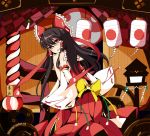  1girl bbsucg black_hair blush bow eyebrows_visible_through_hair hair_bow hair_tubes hakurei_reimu highres lantern long_hair looking_at_viewer paper_lantern parted_lips red_bow red_eyes smile solo touhou yin_yang 