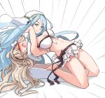  2girls aqua_(fire_emblem_if) barefoot bikini blue_hair blush breasts cleavage cousins emphasis_lines female_my_unit_(fire_emblem_if) fire_emblem fire_emblem_heroes fire_emblem_if frilled_bikini frills hair_between_eyes hairband jaegan large_breasts long_hair multiple_girls my_unit_(fire_emblem_if) pointy_ears red_eyes silver_hair swimsuit tears veil very_long_hair white_bikini wrestling yellow_eyes 