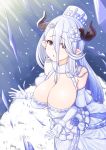  10s 1girl bare_shoulders blue_hair breasts cleavage doraf flower gloves granblue_fantasy hair_between_eyes hair_flower hair_ornament hat highres horns huge_breasts izmir lein long_hair mole mole_under_mouth pointy_ears shards solo white_gloves 