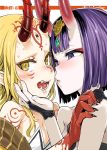  2girls asanagi bangs bare_shoulders black_nails blonde_hair blush breasts claws close-up eyebrows_visible_through_hair face-to-face facial_mark fangs fate/grand_order fate_(series) fingernails hand_on_another&#039;s_chin hand_on_another&#039;s_face hand_on_another&#039;s_shoulder headpiece horns ibaraki_douji_(fate/grand_order) imminent_kiss japanese_clothes jewelry kimono kiss long_hair looking_at_another looking_at_viewer medium_hair multiple_girls nail_polish oni oni_horns open_mouth pointy_ears purple_hair short_eyebrows short_hair shuten_douji_(fate/grand_order) simple_background small_breasts smile tattoo thick_eyebrows violet_eyes white_background yellow_eyes yuri 