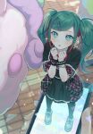  +_+ 1girl :o absurdres bangs belt blue_hair blush brick_floor cotton_candy frilled_sleeves frilled_wristband frills from_above hair_ornament hairclip hatsune_miku highres holding holding_phone hologram leo/need_(project_sekai) long_hair looking_up minigirl multicolored_hair open_mouth pantyhose parted_bangs phone pink_hair plaid plaid_skirt plaid_wrist_cuffs project_sekai safety_pin shoes short_sleeves single_wrist_cuff skirt sneakers solo_focus sparkle sparkling_eyes studded_bracelet twintails two-tone_hair vocaloid vs0mr wrist_cuffs 