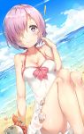  ! 1girl bare_shoulders beach blush breasts cleavage closed_mouth collarbone crab eyebrows_visible_through_hair fate/grand_order fate_(series) ginn_(hzh770121) glasses hair_over_one_eye highres lavender_hair looking_at_viewer medium_breasts ocean shielder_(fate/grand_order) short_hair sitting solo swimsuit violet_eyes 