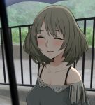  10s 1girl bangs blurry blurry_background blush breasts close-up closed_eyes collarbone commentary_request eyebrows_visible_through_hair facing_viewer green_hair idolmaster idolmaster_cinderella_girls large_breasts mole mole_under_eye pahrrted_lips railing sente short_hair smile takagaki_kaede 