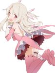  1girl ass bare_back blush boots coupon_(skyth) elbow_gloves embarrassed fate/kaleid_liner_prisma_illya fate_(series) feathers from_behind gloves hair_feathers illyasviel_von_einzbern long_hair magical_girl open_mouth prisma_illya red_eyes silver_hair solo thigh-highs thigh_strap white_background 