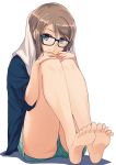  1girl black-framed_eyewear blue_eyes brown_hair closed_mouth glasses hands_on_own_knees highres knees_on_chest looking_at_viewer love_live! love_live!_sunshine!! nanotsuki shirt short_hair short_shorts shorts simple_background sitting smile solo towel towel_on_head watanabe_you white_background 