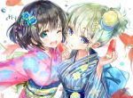  2girls bangs black_hair blue_eyes blue_flower blue_kimono blush bob_cut breasts eyebrows_visible_through_hair fish floral_print flower food fruit goldfish green_eyes hair_flower hair_ornament holding holding_food holding_fruit japanese_clothes keepout kimono large_breasts looking_at_viewer multicolored multicolored_eyes multiple_girls obi one_eye_closed open_mouth original parted_lips pink_kimono ponytail sash short_hair sidelocks smile striped striped_kimono upper_body water_drop watermelon yellow_flower yukata 