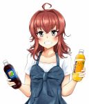  1girl ahoge arashi_(kantai_collection) bangs blush bottle brand_name_imitation casual cola collarbone eyebrows_visible_through_hair grey_eyes grin hair_intakes haoto_(arnica_leaf) holding holding_bottle kantai_collection looking_at_viewer medium_hair messy_hair redhead short_sleeves simple_background smile solo upper_body white_background 