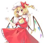  1girl ascot bangs blonde_hair blush bow cheunes closed_mouth cowboy_shot eyebrows_visible_through_hair flandre_scarlet hat highres mob_cap red_bow red_eyes red_skirt short_sleeves side_ponytail simple_background skirt skirt_set solo sparkle touhou white_background white_hat 