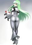  1girl ass bodysuit breasts c.c. code_geass gradient gradient_background green_hair grey_background high_heels highres johan_(johan13) legs long_hair looking_at_viewer pants parted_lips pizza_box pizza_hut solo thighs tight tight_pants yellow_eyes 