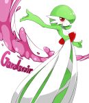  blush character_name commentary_request gardevoir looking_at_viewer no_humans outstretched_arms pokemon pokemon_(creature) redhead sente simple_background smile standing white_background 