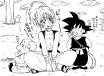  1girl 2boys age_difference black_eyes black_hair bulma clouds dougi dragon_ball egyptian_clothes eyebrows_visible_through_hair frown hand_on_hip legs_crossed looking_at_another looking_up monochrome multiple_boys nyoibo oolong open_mouth pig ponytail radar sandals short_hair sitting son_gokuu spiky_hair suspenders sweat sweatdrop tail tkgsize tongue tongue_out translation_request waistcoat wristband 