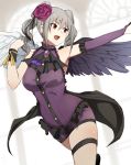  10s 1girl :d armpit_peek asymmetrical_wings bangs bare_shoulders breasts commentary_request cowboy_shot elbow_gloves feathered_wings flower gloves green_hair hair_flower hair_ornament idolmaster idolmaster_cinderella_girls kanzaki_ranko large_breasts legband medium_hair open_mouth outstretched_arm red_eyes red_rose rose rosenburg_engel sente skindentation smile solo twintails wings 