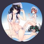  2girls ;) anchor bare_legs barefoot bikini black_hair breasts brown_eyes brown_hair bursting_breasts cleavage commentary_request cosplay enemy_naval_mine_(kantai_collection) eyebrows_visible_through_hair female_admiral_(kantai_collection) folded_leg food halftone hat kantai_collection large_breasts legs_crossed long_hair looking_at_viewer matsuryuu mole mole_under_mouth multiple_girls navel one_eye_closed popsicle sailor_bikini sailor_collar sandals short_hair side-tie_bikini sidelocks sitting skindentation small_breasts smile sweatdrop swimsuit violet_eyes white_bikini yokozuwari z3_max_schultz_(kantai_collection) z3_max_schultz_(kantai_collection)_(cosplay) 
