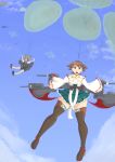  2girls bare_shoulders bike_shorts boots brown_hair clouds detached_sleeves gloves hair_ribbon hiei_(kantai_collection) highres kagerou_(kantai_collection) kantai_collection multiple_girls neck_ribbon nontraditional_miko parachute ribbon ribbon-trimmed_sleeves ribbon_trim short_hair shorts shorts_under_skirt sky thigh-highs thigh_boots thighs twintails vest yellow_ribbon 