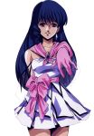  1girl 80s blue_hair choujikuu_yousai_macross cowboy_shot gloves long_hair looking_at_viewer lynn_minmay macross mikimoto_haruhiko official_art oldschool outstretched_arms parted_lips simple_background skirt solo white_background 