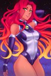  1girl arm_behind_head bare_shoulders blonde_hair breasts bridal_gauntlets commentary copyright_request dc_comics fingerless_gloves gloves green_eyes iahfy leotard medium_breasts multicolored_hair redhead sky smile solo star star_(sky) starfire starry_background starry_sky two-tone_hair 