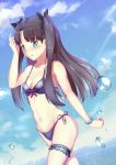  1girl artist_name black_hair black_ribbon blue_eyes blush breasts cleavage eyebrows_visible_through_hair fate/stay_night fate_(series) hair_ribbon highres looking_at_viewer medium_breasts navel parted_lips ribbon signature swimsuit tohsaka_rin twintails water_drop yeh_(354162698) 