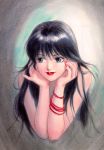  1girl 80s aqua_eyes ayukawa_madoka black_hair bracelet hands_on_own_cheeks hands_on_own_face highres jewelry kimagure_orange_road lipstick long_hair makeup nail_polish official_art oldschool solo takada_akemi traditional_media upper_body watercolor_(medium) 