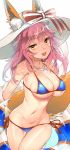  10s 1girl :d absurdres animal_ears bikini blue_bikini bow breasts brown_eyes cowboy_shot eyebrows_visible_through_hair fate/extra fate/extra_ccc fate/grand_order fate_(series) fox_ears fox_tail fujisaka_kuuki hat hat_bow hat_ribbon highres innertube jewelry large_breasts looking_at_viewer navel necklace open_mouth pink_hair ribbon side-tie_bikini skindentation smile solo string_bikini sun_hat swimsuit tail tamamo_(fate)_(all) tamamo_no_mae_(swimsuit_lancer)_(fate) thigh_gap 