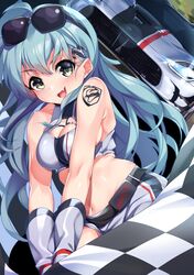  1girl bare_shoulders blue_hair blush breasts car character_request checkered checkered_flag cleavage copyright_request eyebrows_visible_through_hair flag gedou_(shigure_seishin) ground_vehicle holding_flag long_hair looking_at_viewer medium_breasts motor_vehicle navel open_mouth smile solo sunglasses sunglasses_on_head yellow_eyes 