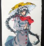  1girl black_hair braid buttons clothes_writing dress hands_clasped open_mouth red_eyes scarf smile snow solo torn_clothes touhou twin_braids twintails yatadera_narumi yudaoshan 