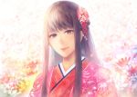  1girl bangs character_request chihayafuru commentary_request floral_print flower hair_flower hair_ornament japanese_clothes kimono light_smile long_hair looking_at_viewer mole mole_under_eye red_kimono sakimori_(hououbds) smile solo 