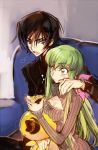  1boy 1girl artist_name bangs black_hair blush breasts c.c. cheese-kun cleavage code_geass couch creayus eating eyebrows_visible_through_hair food green_hair hand_on_shoulder hat holding indoors lelouch_lamperouge long_hair long_sleeves open_mouth parted_lips pizza short_hair sidelocks sitting stuffed_toy twitter_username violet_eyes yellow_eyes 