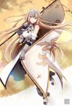  1girl armor armored_dress bare_shoulders blonde_hair blue_eyes breasts chains cleavage fate/apocrypha fate/grand_order fate_(series) faulds flag gauntlets headpiece k-rumi long_hair looking_at_viewer open_mouth ruler_(fate/apocrypha) solo standard_bearer sunlight thigh-highs very_long_hair 