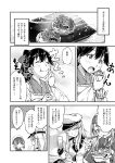  5girls ainu_clothes bow braid chopsticks closed_eyes comic eating etorofu_(kantai_collection) folded_ponytail food gangut_(kantai_collection) glass greyscale hair_bow hat headband highres holding holding_chopsticks holding_food houshou_(kantai_collection) jacket japanese_clothes jewelry kamoi_(kantai_collection) kantai_collection kappougi kimono long_hair long_sleeves military military_uniform monochrome multiple_girls noodles peaked_cap plate ponytail ring sailor_hat short_hair sigh smile translation_request twin_braids uniform wedding_band wide_sleeves yuzu_momo 