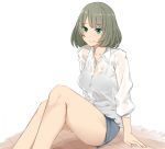  10s 1girl arm_support bangs bare_legs blue_dress blue_eyes breasts commentary_request dress dress_shirt eyebrows_visible_through_hair feet_out_of_frame green_hair idolmaster idolmaster_cinderella_girls large_breasts long_sleeves looking_at_viewer miniskirt mole mole_under_eye monochrome_background see-through sente shirt short_hair simple_background sitting skirt smile solo takagaki_kaede white_background 