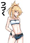  1girl bare_arms bare_shoulders black_belt blonde_hair blush braid camisole comic fate/apocrypha fate/grand_order fate_(series) green_eyes hair_ornament hand_in_pants highres looking_at_viewer mitsurugi_tsurugi ponytail saber_of_red shorts smile solo tagme translation_request 