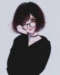  1girl artist_name black-framed_eyewear black_choker black_hair black_shoes bob_cut brown_hair choker commentary gem glasses grey_hair highres jewelry kyrie_meii lips long_sleeves looking_at_viewer necklace original red_lips shoes short_hair simple_background solo upper_body 