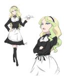  1girl artist_name blonde_hair blue_eyes commentary cowboy_shot crossed_arms diana_cavendish full_body hand_on_hip highres little_witch_academia looking_at_viewer maid ryojojo socks solo tea_set 