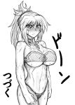  &gt;:( 1girl alternate_breast_size bangs bare_arms bare_shoulders bikini blush breasts collar crossed_arms eyebrows_visible_through_hair fate/apocrypha fate/grand_order fate_(series) frown green_eyes highres large_breasts looking_away looking_to_the_side mitsurugi_tsurugi navel ponytail saber_of_red simple_background solo sweat swimsuit tagme translation_request upper_body white_background 