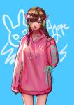  1girl absurdres agape alternate_hairstyle animal_print artist_name blue_background blush bottomless braid breasts brown_hair bunny_print casual cowboy_shot d.va_(overwatch) facepaint facial_mark headphones highres hood hoodie light_smile long_hair long_sleeves looking_at_viewer no_pants overwatch pink_hoodie pink_lips signature simple_background sketch sleeves_past_wrists small_breasts solo twin_braids whisker_markings 