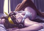  1girl ahoge alternate_costume bare_shoulders bed bed_sheet breasts brown_hair closed_eyes collarbone commentary_request hairband headgear indoors ishii_hisao kantai_collection kongou_(kantai_collection) long_hair lying no_panties on_back on_bed ribbon_trim solo 
