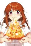  1girl :t artist_name bell_pepper blush breasts brown_hair cheese_trail dress_shirt eating food highres holding holding_food holding_pizza kawai_makoto koufuku_graffiti large_breasts machiko_ryou meat official_art pepper pink_eyes pizza shirt short_sleeves shrimp slice_of_pizza solo tomato upper_body watermark white_background 