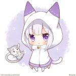  1girl animal_hood blush cat cat_hood cat_paws cat_tail chibi emilia_(re:zero) eyebrows_visible_through_hair fake_tail hood hoodie long_hair looking_at_viewer momoniku_(taretare-13) paws puck_(re:zero) re:zero_kara_hajimeru_isekai_seikatsu silver_hair smile tail violet_eyes 