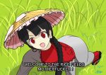  ajirogasa black_hair braid cape coat earlobes grass grey_coat hat highres looking_at_viewer meme on_ground open_mouth parody profanity red_cape red_eyes solo text the_suddeno touhou yatadera_narumi 