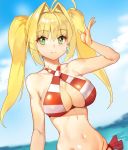  ahoge arm_up bare_shoulders bikini blue_sky breasts cleavage closed_mouth clouds cloudy_sky criss-cross_halter day dutch_angle earrings eyebrows_visible_through_hair fate/grand_order fate_(series) green_eyes hair_intakes halterneck jewelry large_breasts light_smile long_hair looking_at_viewer navel nero_claudius_(swimsuit_caster)_(fate) outdoors shovelwell side-tie_bikini sky striped striped_bikini swimsuit twintails 