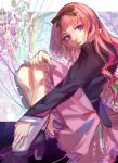  1girl aiha_(noragami) bow etude highres long_hair noragami pink_hair sitting skirt solo violet_eyes wavy_hair 