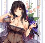  1girl bangle bangs bare_shoulders black_bra black_hair black_panties bra bracelet breasts brown_eyes cleavage collarbone commentary_request eyebrows_visible_through_hair floral_background flower front-tie_top head_tilt jewelry lace large_breasts long_hair looking_at_viewer mole mole_on_breast moneti_(daifuku) nail_polish navel necklace original panties parted_lips pink_nails see-through short_sleeves solo strap_pull strap_slip underwear upper_body wide_sleeves 
