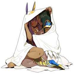  2girls ass bed_sheet breasts dark_skin earrings facial_mark fate/grand_order fate_(series) green_eyes green_hair hoop_earrings jewelry large_breasts michiru_(amphibian) multiple_girls nitocris_(fate/grand_order) purple_hair scheherazade_(fate/grand_order) violet_eyes 