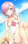  1girl bare_shoulders beach blush breasts cleavage collarbone crab eyebrows_visible_through_hair fate/grand_order fate_(series) ginn_(hzh770121) glasses hair_over_one_eye highres lavender_hair looking_at_viewer medium_breasts ocean open_mouth shielder_(fate/grand_order) short_hair sitting solo swimsuit violet_eyes 