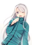  1girl bangs blush cosplay eromanga_sensei green_jacket headband highres izumi_sagiri izumi_sagiri_(cosplay) jacket kantai_collection long_hair long_sleeves looking_at_viewer open_mouth ribbon sagiri_(kantai_collection) silver_hair simple_background smile solo tagme violet_eyes 