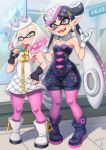  +_+ 2girls :d aori_(splatoon) bare_shoulders black_gloves black_hair blush breasts cleavage crown domino_mask dress earrings fangs fingerless_gloves food full_body gloves hair_ornament hime_(splatoon) ice_cream jewelry mask mole mole_under_eye mole_under_mouth multicolored_hair multiple_girls open_mouth pantyhose pink_hair pink_legwear pointy_ears sleeveless sleeveless_dress smile sparkle splatoon splatoon_2 strapless strapless_dress symbol-shaped_pupils teeth tentacle_hair twintails two-tone_hair white_gloves white_hair yellow_eyes yoohi zipper 